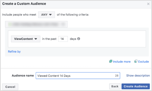 Válasszon opciókat a Facebook egyedi közönség webhelyének létrehozásához a ViewContent esemény alapján 