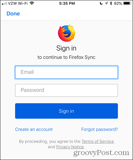Írja be e-mail címét és jelszavát az iOS Firefox rendszerébe