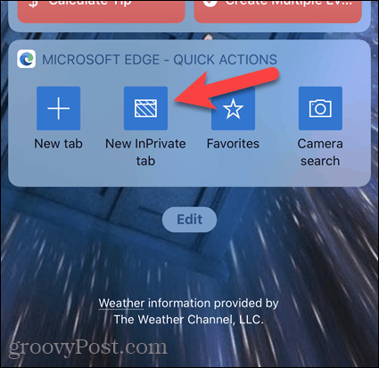 Az iOS rendszeren érintse meg az Új InPrivate fület az Edge widgetben