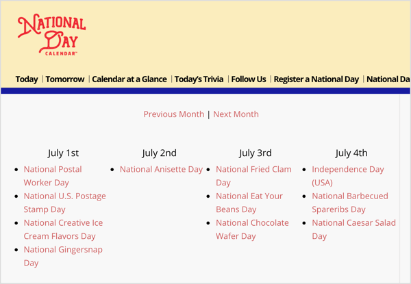 A Nemzeti Nap naptár egy véletlenszerű fülke-ünnepek forrása, amelyek összhangban állnak az Ön marketing céljaival.