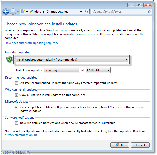 Windows 7 - A Windows Update Configuration Menu képernyőképe