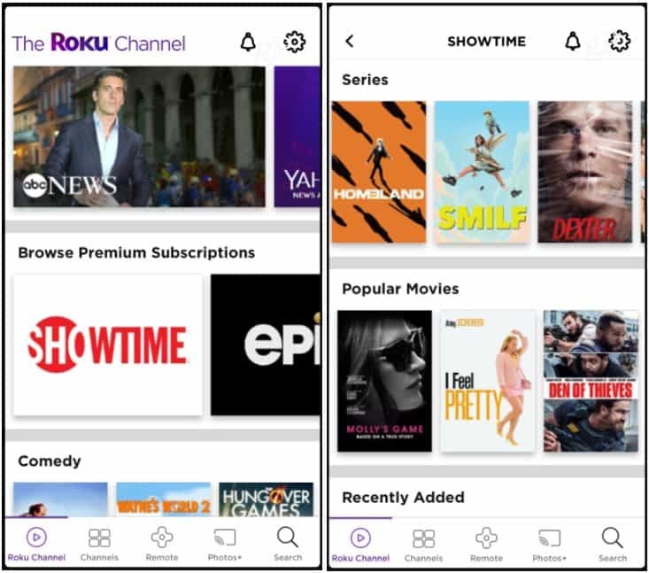 Prémium csatornák Roku Channel App iOS