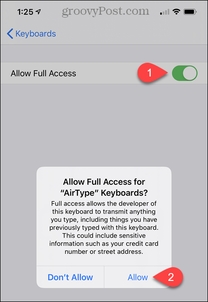 Kapcsolja be a Teljes hozzáférés engedélyezése az AirType szolgáltatáshoz lehetőséget