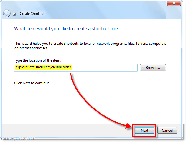 add hozzá a Lomtár felfedező shelle kiterjesztését Windows 7 parancsikonként