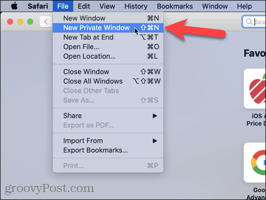 Válassza az Új privát ablakot a Mac Safari alkalmazásban