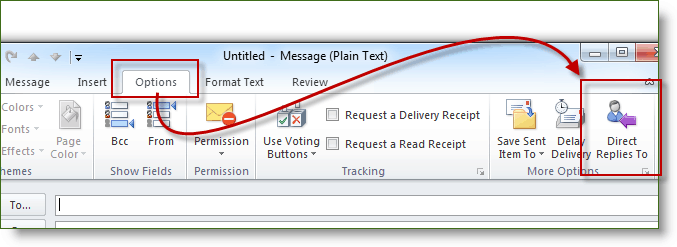 Kattintson az Opciók és a Közvetlen válaszok elemre az Outlook 2010 alkalmazásban