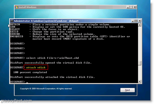 A Windows 7 natív VHD telepítése a Dual Boot Attach VHD használatával a CMD Prompt programból