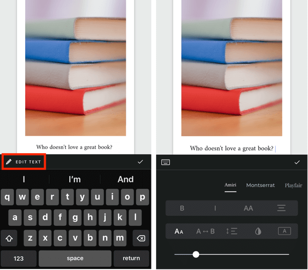 Hozzon létre egy kibontott Instagram-történet 5. lépését, amely bemutatja a szövegszerkesztési lehetőségeket.