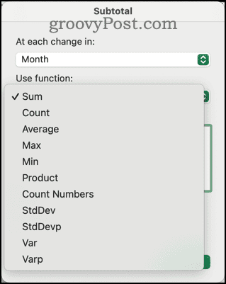 Különböző funkciók érhetők el a Részösszeg párbeszédpanelen az Excelben