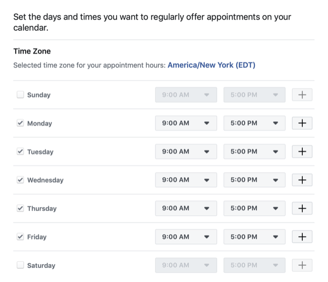 állítsa be a dátumokat és időpontokat, amelyek a Facebook-oldalra történő időpontfoglaláshoz szükségesek