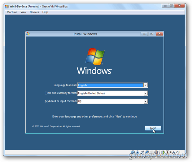 A VirtualBox Windows 8 telepítési menüje