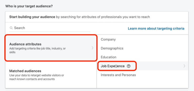 képernyőkép a Ki a közönséged? szakasz a LinkedIn kampánybeállításában