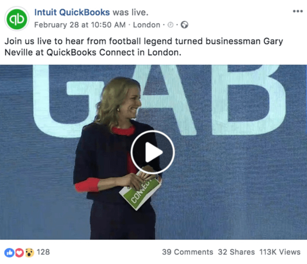 Példa egy Facebook-bejegyzésre, amely az Intuit Quickooks közelgő élő videóját hirdeti.
