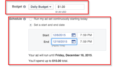 facebook hirdetés költségvetése és időtartama