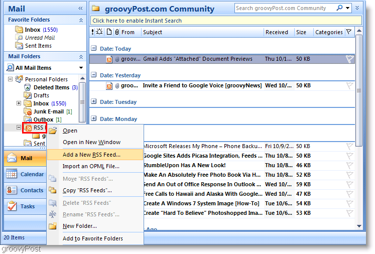 Képernyőkép Microsoft Outlook 2007 Új RSS-hírcsatorna hozzáadása