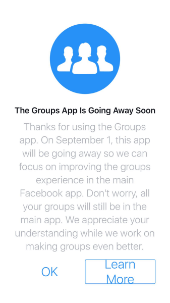 A Facebook 2017. szeptember 1-je után megszünteti a Groups alkalmazást iOS és Android rendszeren.