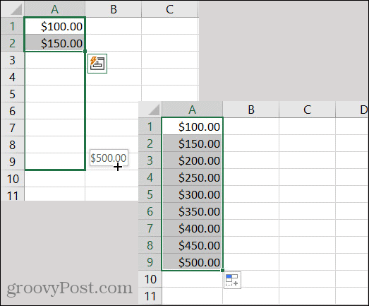 Excel automatikus kitöltési pénznemminta
