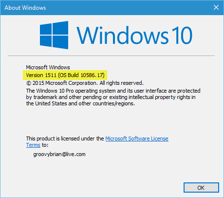 A Windows 10 verziója: 10586.17
