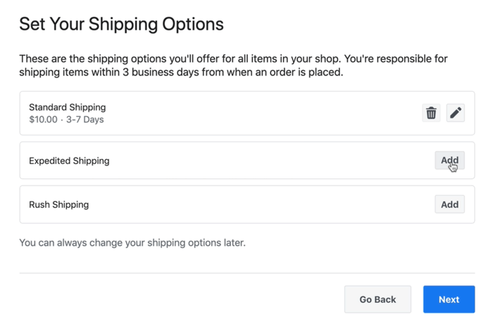 képernyőkép példa a facebook bolt szállítási lehetőségeiről, amelyek elérhetőek lehetnek