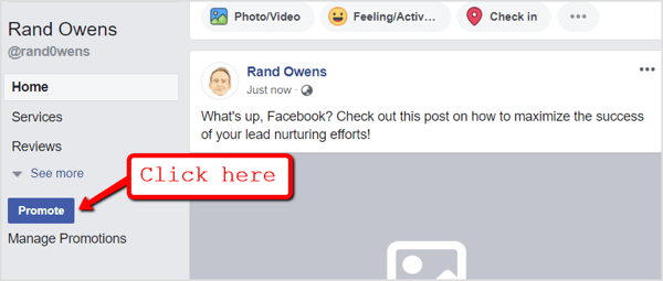 Menjen a Facebook oldalára, és kattintson a promóció gombra a navigációs fülek alatt.