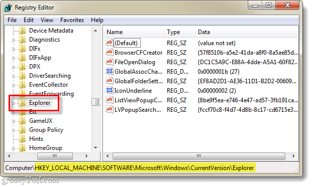 keresse meg az explorer aktuális verziójára vonatkozó regisztrációs kulcsot a Windows 7 rendszerleíró adatbázisban