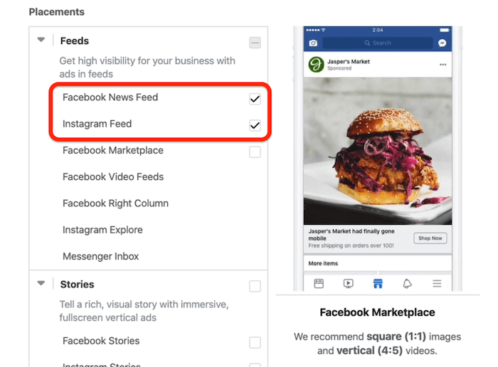 A Facebook Hírcsatorna és az Instagram hírcsatorna elhelyezései hirdetéskészlet szinten lettek kiválasztva a Facebook Ads Manager alkalmazásban