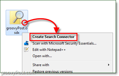 kattintson a jobb gombbal az asztalon, majd kattintson az osdx fájlra, amely egy kereső csatlakozó, majd kattintson a keresési csatlakozó létrehozása a Windows 7-re