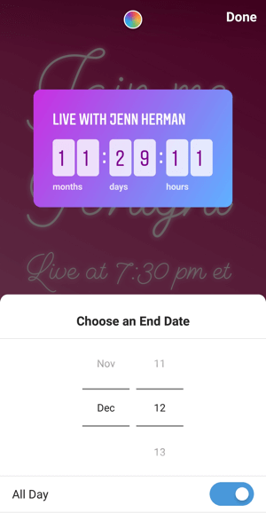 Az Instagram Countdown matrica üzleti célú felhasználása, 3. lépés visszaszámlálás befejezési dátuma.