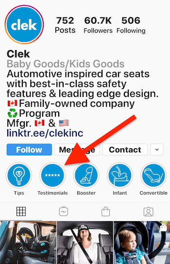 Az Instagram Stories kiemeli az ajánlások albumát a Clek üzleti profilján