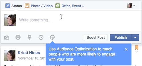 facebook közönség optimalizálás a bejegyzések frissítési mezőjéhez