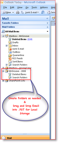 Az Outlook 2007 beérkező levelek mappájában .PST személyes adatfájl jelenik meg a navigációs panelen:: groovyPost.com