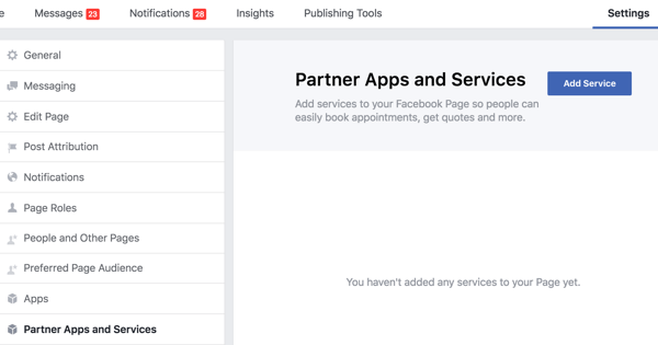 Kattintson a Partneralkalmazások és szolgáltatások elemre a Facebook-oldal Beállítások oldalán.