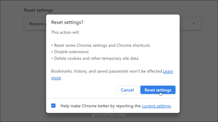 Beállítások visszaállítása Chrome megerősítés