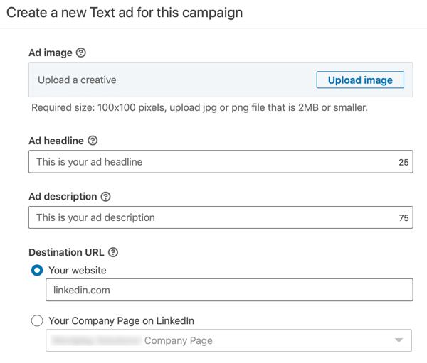 A LinkedIn szöveges hirdetés létrehozásának módja, 12. lépés: A hirdetés szövegének beállításai