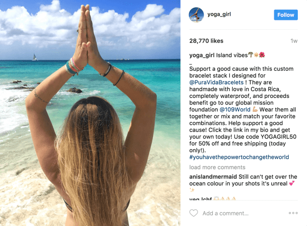 Ebben a fizetett influencer posztban Pura Vida kihasználhatta Rachel Brathen (yoga_girl) 2,1 millió követőjét, és egy exkluzív kuponon keresztül nyomon követhette a megtérülést.
