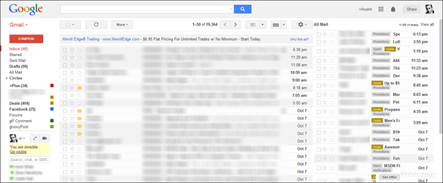 előnézeti képernyőkép a gmail-ből, az összes levelezéssel a 2. panelen a jobb oldalon