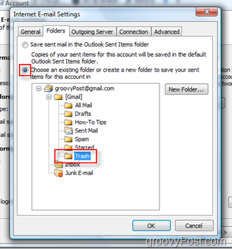 A SEND mail mappa beállítása az iMAP-fiókhoz az Outlook 2007 programban: Válassza a Kuka mappát