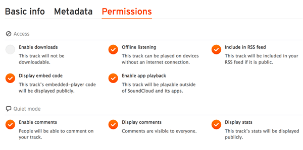 Ellenőrizze az Engedélyek lapot, hogy az audiofájlja szerepeljen-e a SoundCloud RSS-hírcsatornájában.