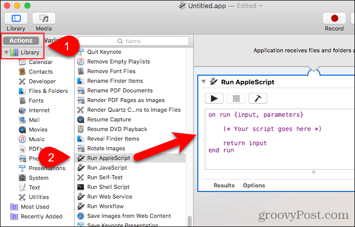 Húzza az AppleScript futtatását az Automator munkafolyamat-paneljére