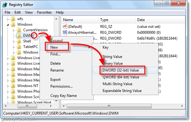 hozzon létre egy új dwm jelszó kulcsot a Windows 7 rendszerben