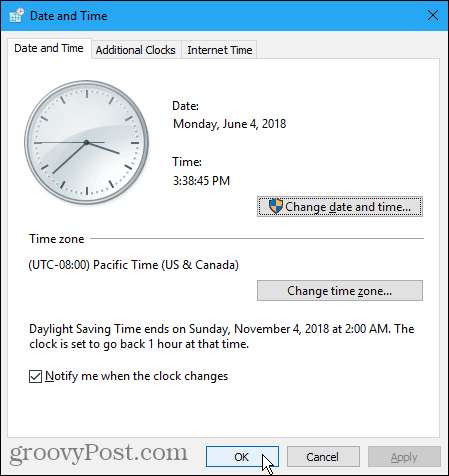 Dátum és idő párbeszédpanel a Windows rendszerben