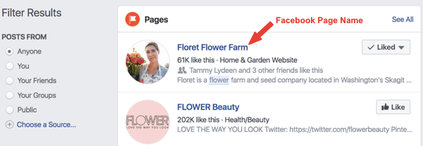Példa a Floret Flower Farm nevű Facebook-oldalra a keresési eredmények között.