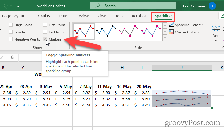 Jelölők megjelenítése a Sparklines-on az Excelben