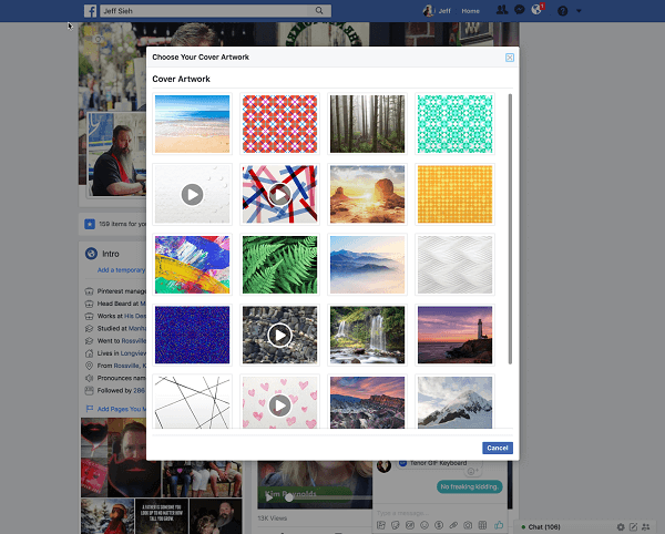 A Facebook most lehetővé teszi a felhasználók számára, hogy kiválasszanak egy videót egy profil borító képéhez az Artwork könyvtárból. 