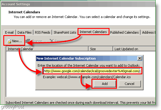 Az Outlook 2007 naptár képernyőképe - Az Internet naptár hozzáadása