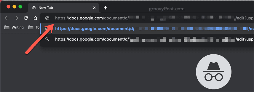 Google Dokumentumok megosztási linkjének beillesztése a Google Chrome inkognitóablak címsorába