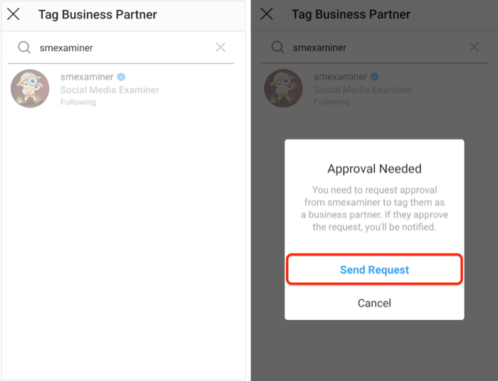 jóváhagyási kérelmet küldhet az üzleti partnernek az Instagram-on