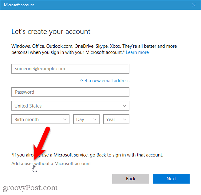 Felhasználó hozzáadása Microsoft-fiók nélkül
