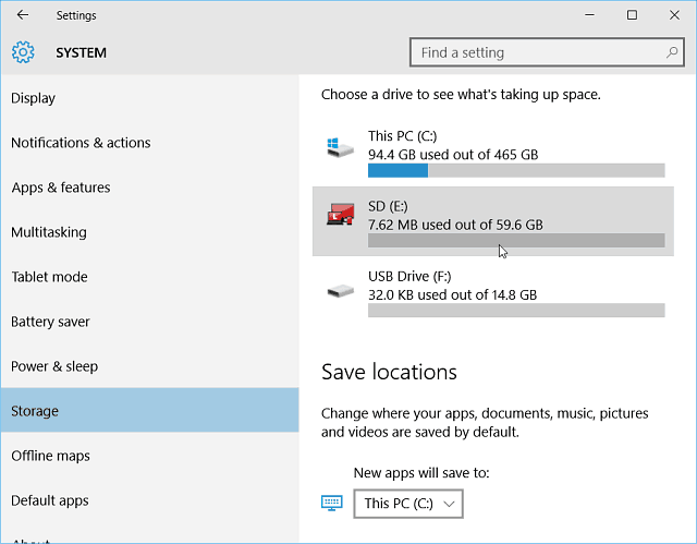 Beállítások Tároló Windows 10