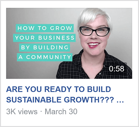 A Facebook-csoportban való tanításhoz Caitlin Bacher ehhez a videóhoz hasonló videót oszt meg a How To Grow szöveggel Az Ön vállalkozása Egy közösség és egy Caitlin képének felépítésével a vállától felfelé nézve kamera.